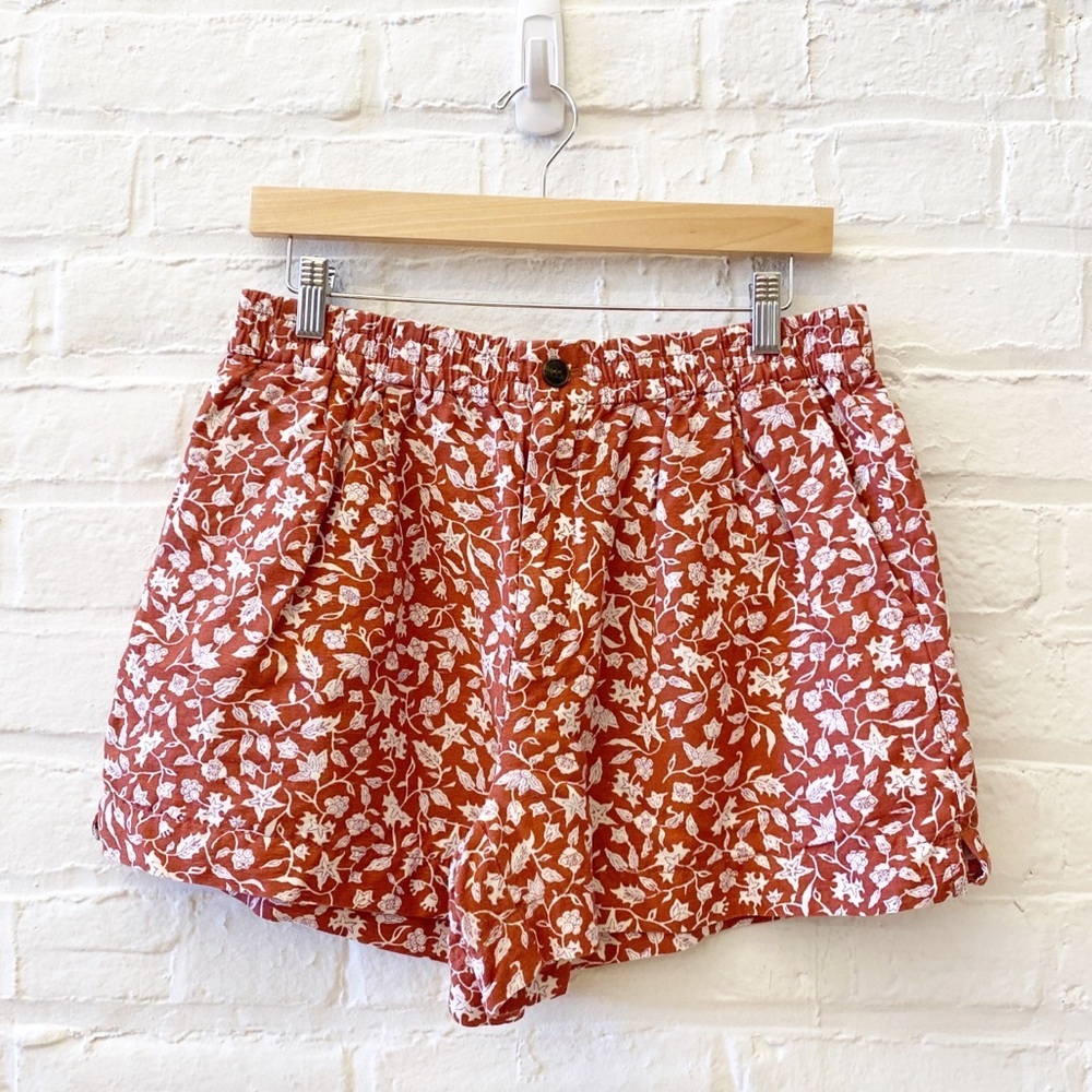 Madewell || Linen-Blend Track Shorts Pull On Floral Batik Vine Orange‎ Medium